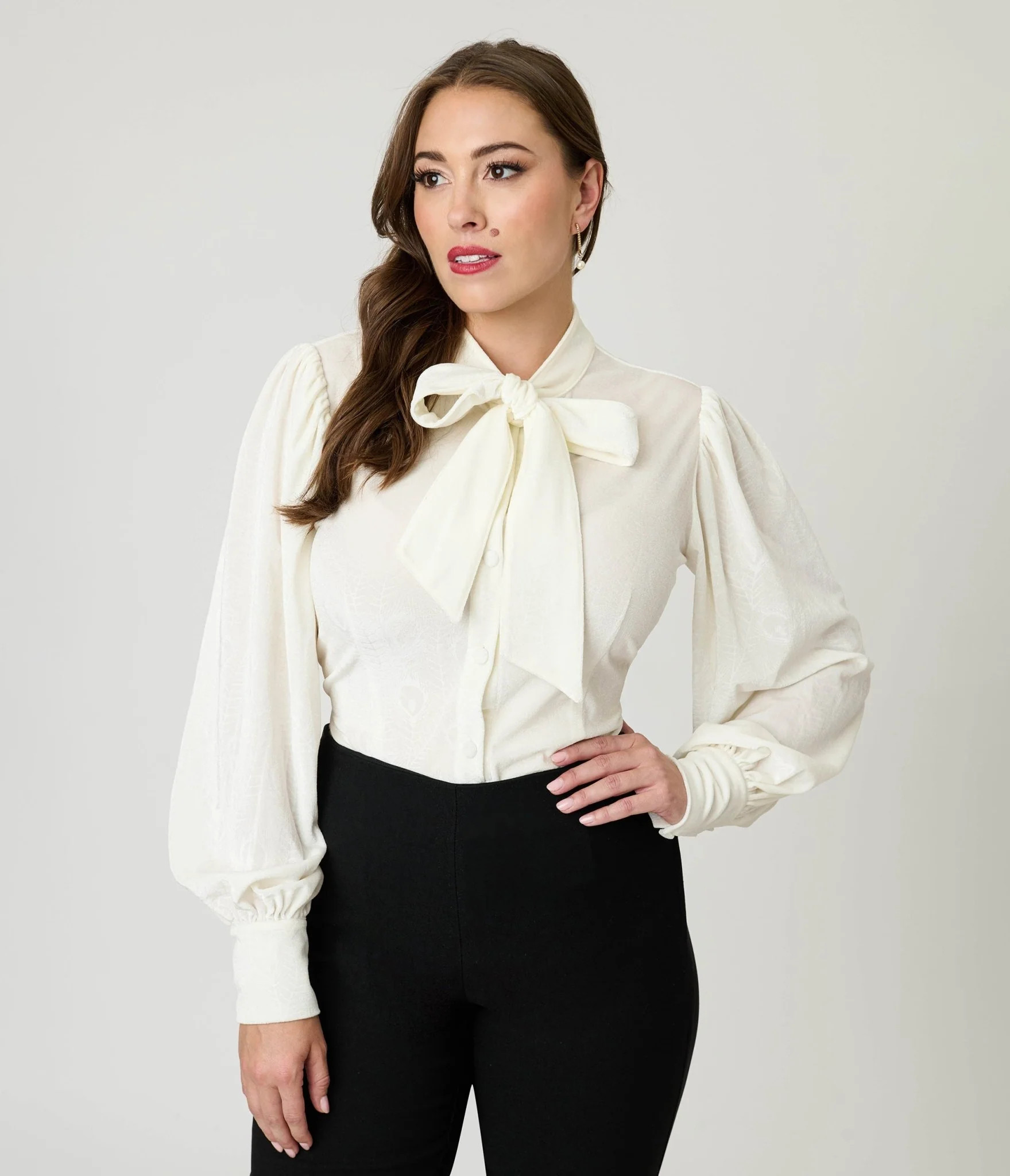 Unique Vintage Ivory Peacock Feather Embossed Gwen Blouse | Unique Vintage - North America