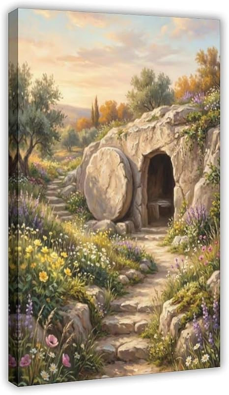Easter Empty Tomb Wall Art - He Is Risen Christian Canvas Print, Resurrection Sunday Spring Flowe... | Amazon (US)