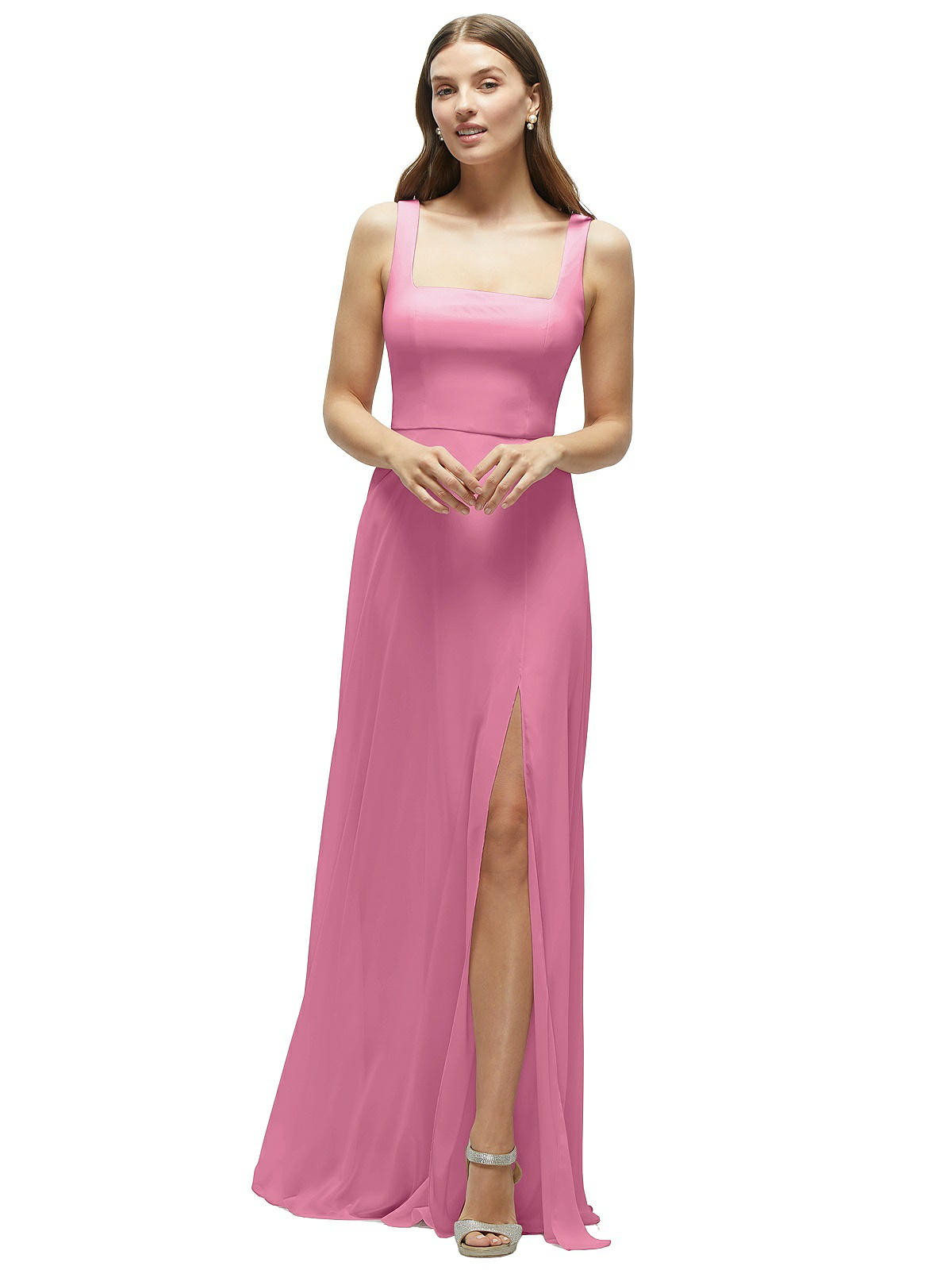 Square Neck Chiffon Maxi Dress with Circle Skirt in Orchid Pink | Dessy Group
