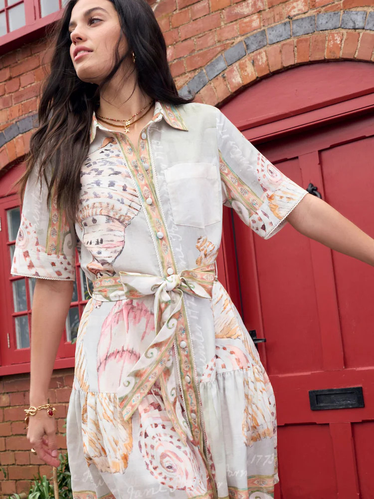 Ecru/Blue Shell Print - National Trust X Next Short Sleeve Tie Waist Shirt Dress | Next EU