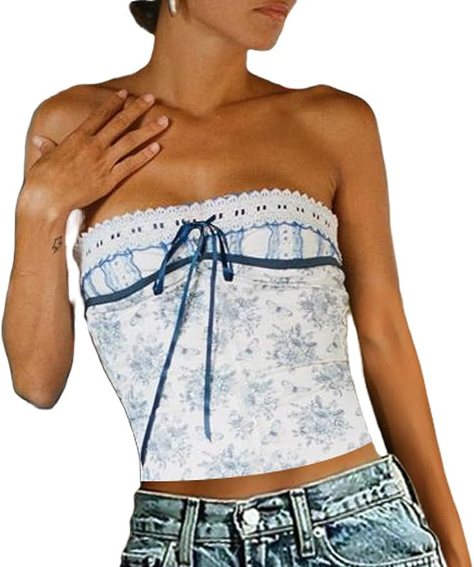 Womens Y2k Sexy Sheer Lace Frill Strapless Tube Crop Tops Fairy Grunge Sleeveless Summer Bandeau ... | Amazon (US)
