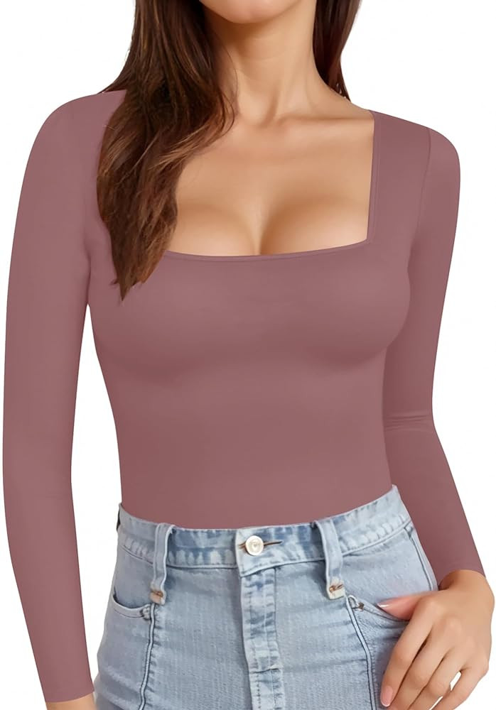 MANGOPOP Womens Square Neck T Shirts Long Sleeve Short Sleeve Tops Fitted Tees | Amazon (US)
