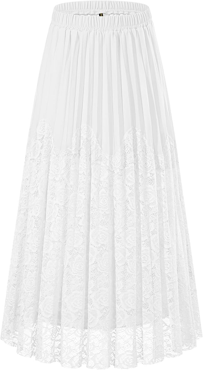 Women's Lace Maxi Skirt Chiffon Elastic Waist Boho Flowy Skirts | Amazon (US)
