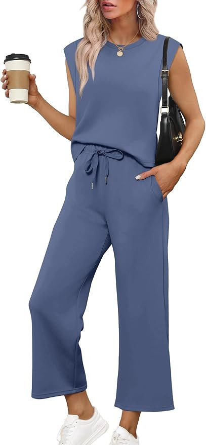 SAMPEEL Two Piece Sets for Women Casual Travel Vacation Outfits Summer Wide Leg Crop Pants Lounge... | Amazon (US)