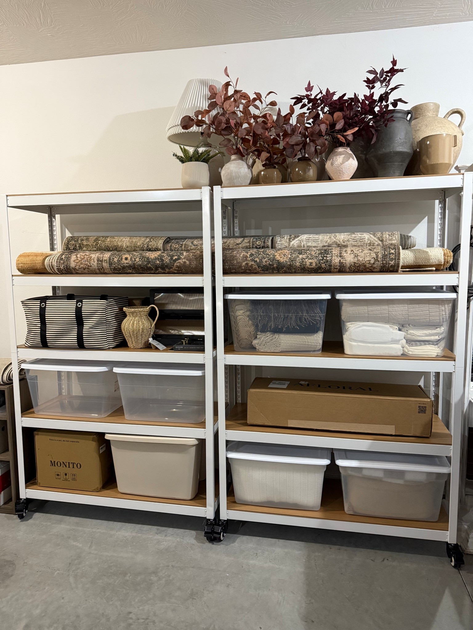 I’ve been working on organizing the garage 🙌🏻 These shelves are perfection, and have wheels so you can move them around! Still more to do, but this is how it’s coming along.

#LTKHome