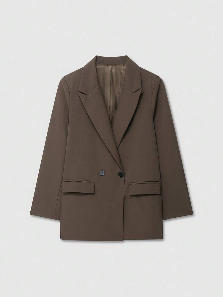 Old Money Loose Women's Double-Breasted Lapel Collar Office Casual Brown Blazer,Solid Color Long ... | SHEIN