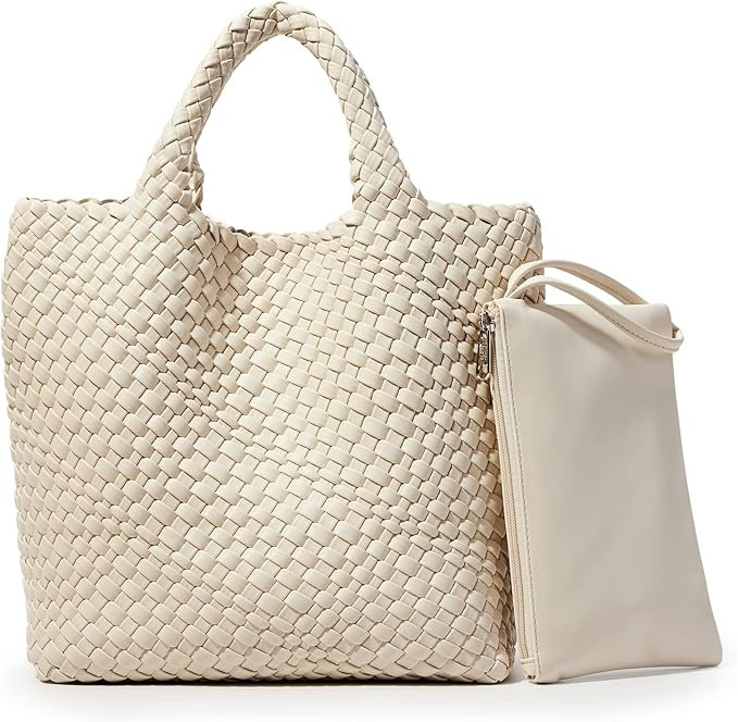 KALIDI Straw Tote Beach Bag Striped Shoulder Handbag Stitch Woven PU Leather Handle Zippe Travel ... | Amazon (US)