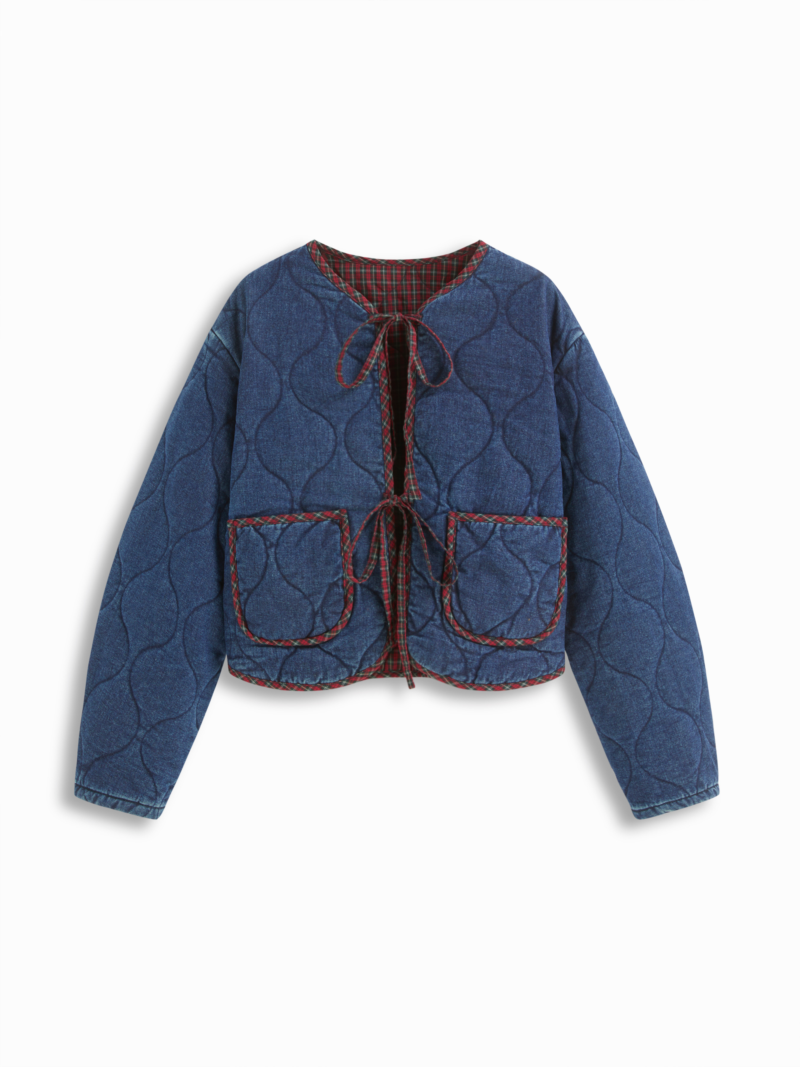 Denim Denim Quilted Tie Front Oversized Jacket With Plaid Lined For Daily Casual | Cider