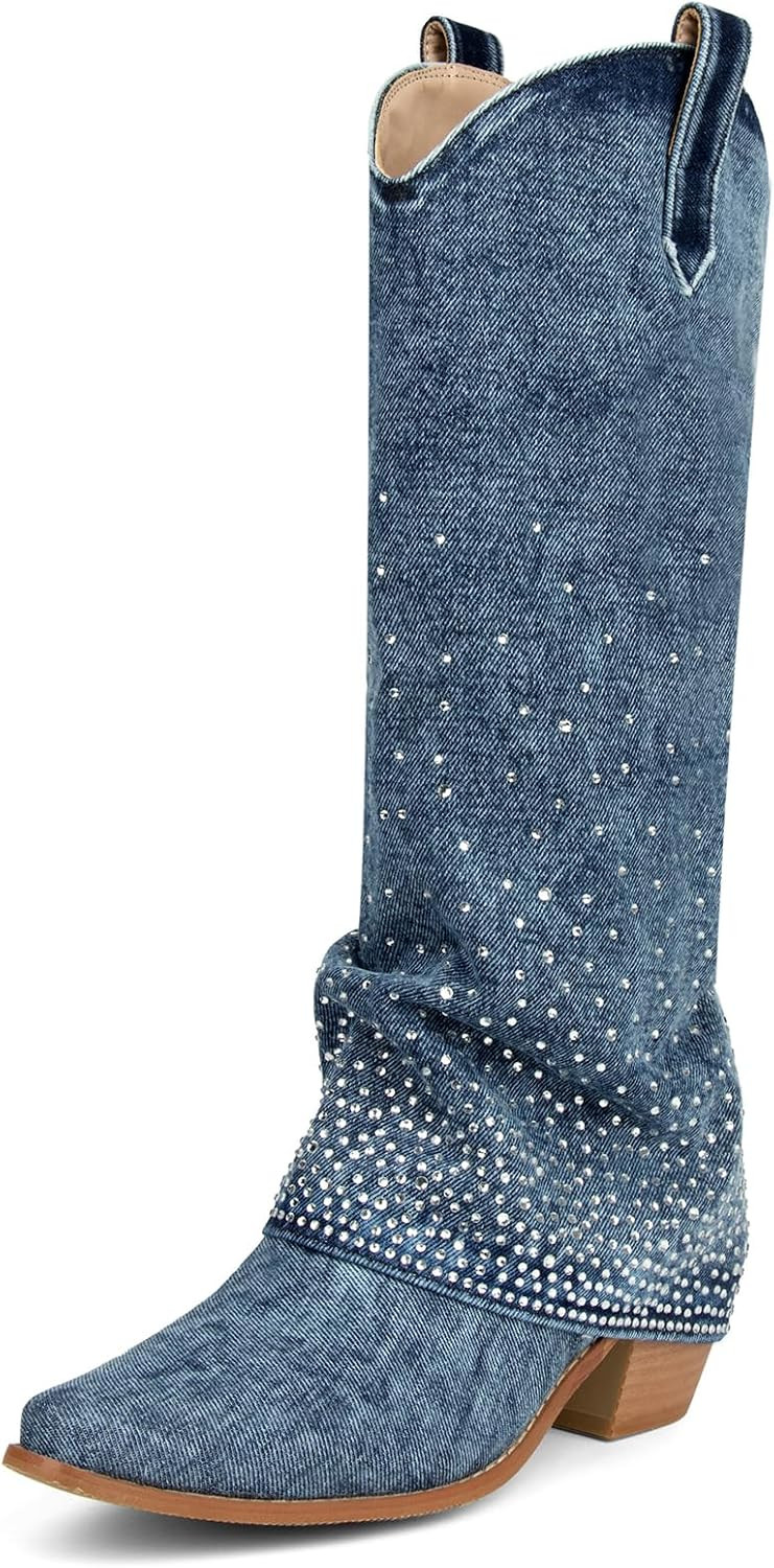 Seborluys Denim Cowboy Boots for Women Rhinestone Fold Over Knee High Boots | Amazon (US)
