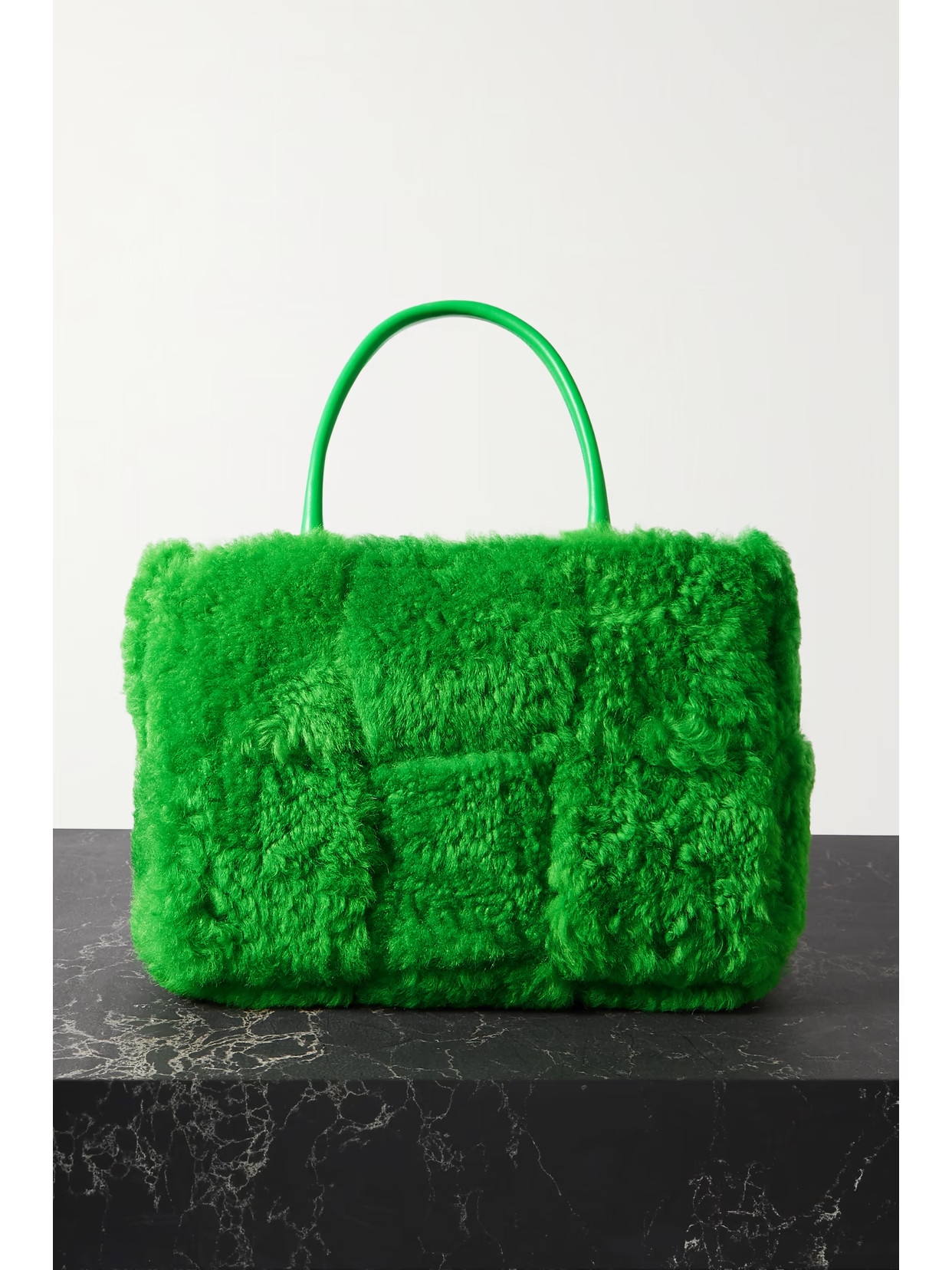 Bottega Veneta - Arco Small Leather-trimmed Intrecciato Shearling Tote - Green | NET-A-PORTER (US)