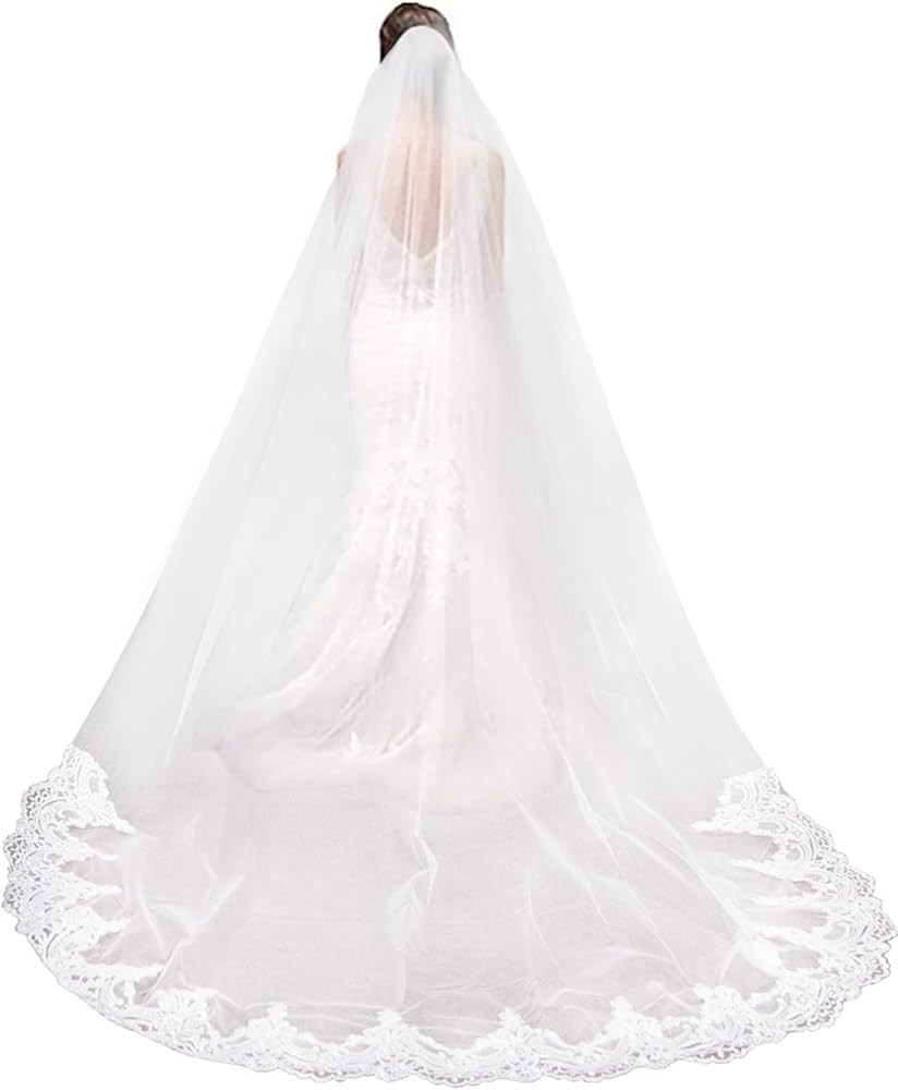 Babyonlinedress White Ivory Lace Edge Cathedral Length Wedding Bridal Veil+Comb | Amazon (US)