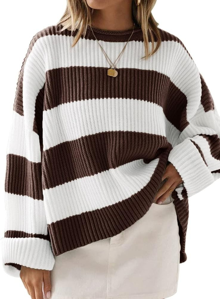 ZESICA Women's 2023 Fall Long Sleeve Crew Neck Striped Color Block Comfy Loose Oversized Knitted ... | Amazon (US)