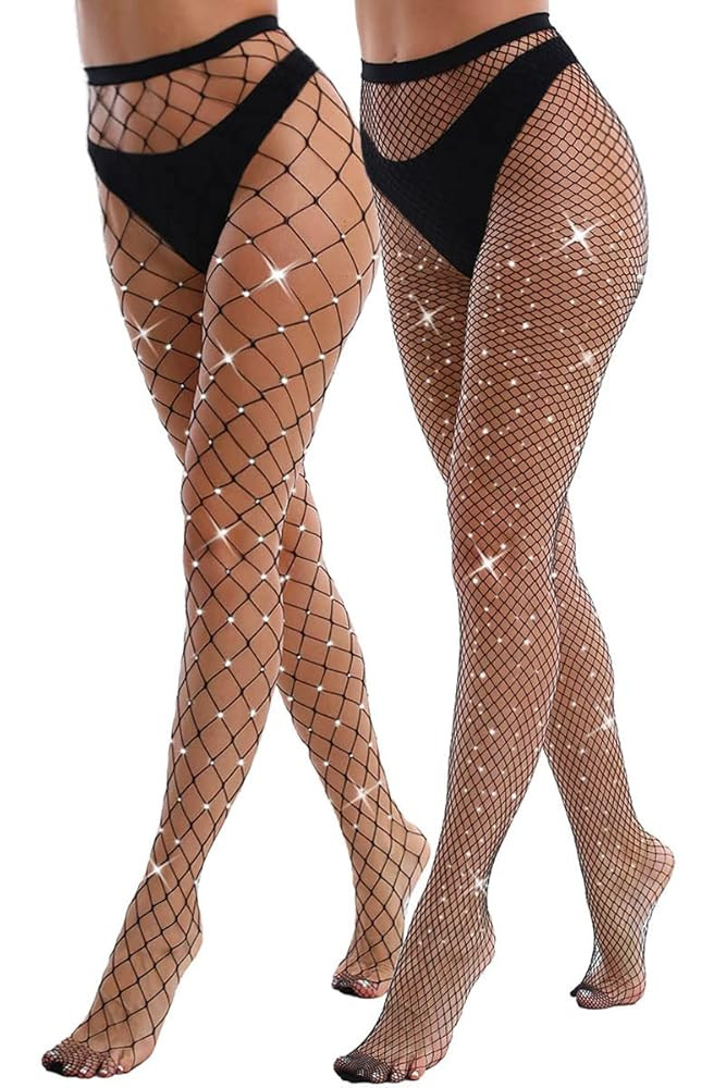 VEBZIN 2 Pack Sparkly Large And Medium Mesh Fishnet Tights For Women Glitter Rhinestone Fishnets ... | Amazon (US)