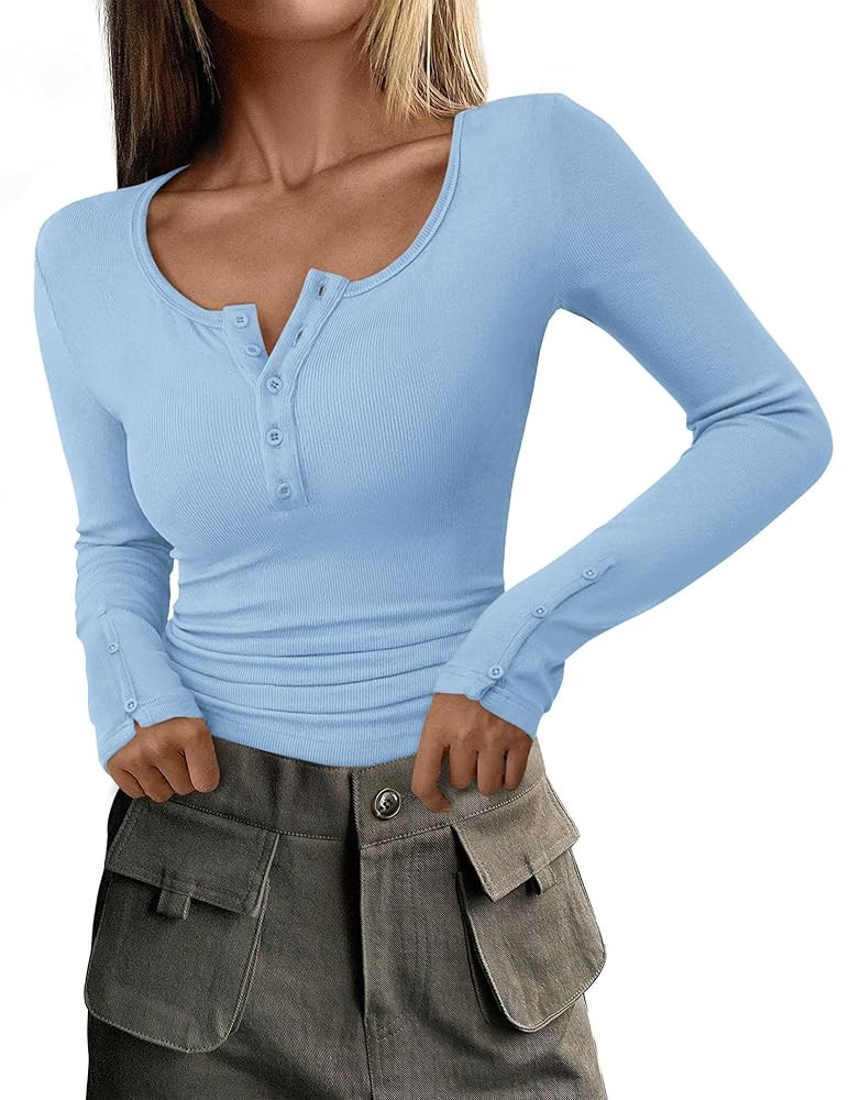 PRETTYGARDEN Women's 2025 Summer Long Sleeve Henley T Shirts Ribbed Knit Button Slim Fitted Basic... | Amazon (US)