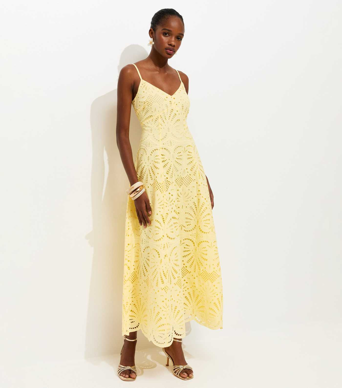 Yellow Cutwork Strappy Midi Dress | New Look | New Look (UK)