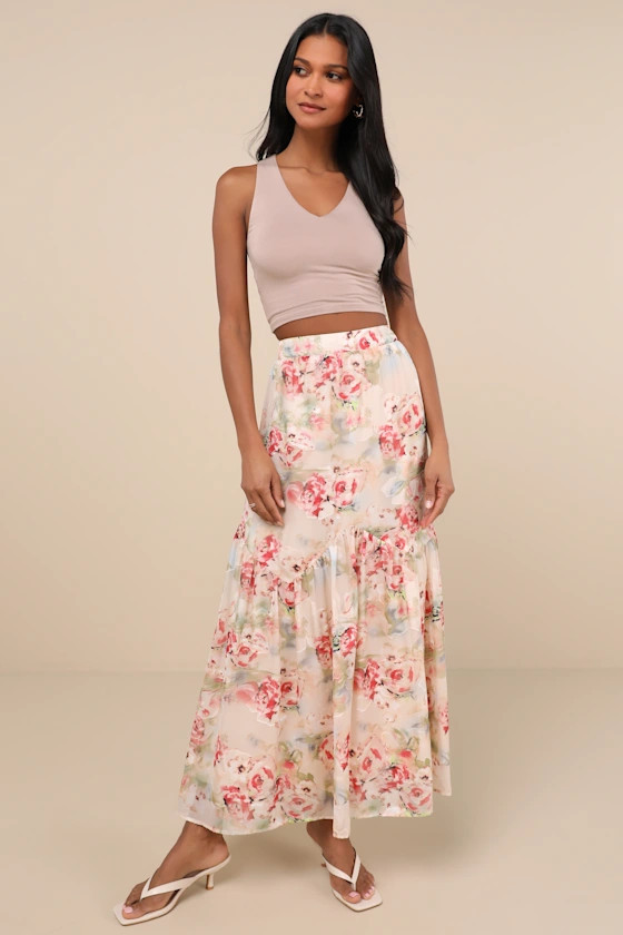 Jalina Cream Multi Floral Jacquard High-Rise Maxi Skirt | Lulus
