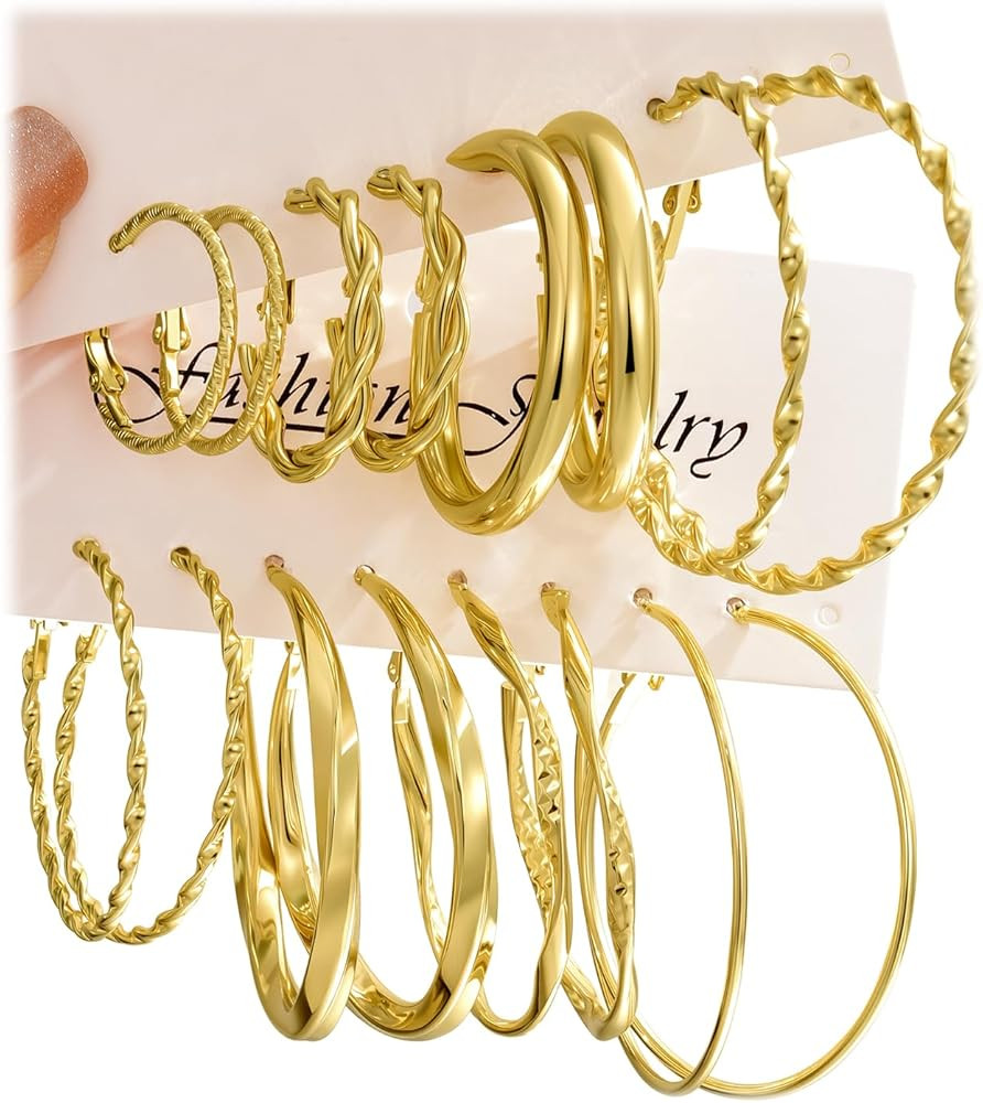 42 Pairs Gold Hoop Earrings Set for Women, Hypoallergenic Multipack Small to Chunky Hoops, Pearl ... | Amazon (US)