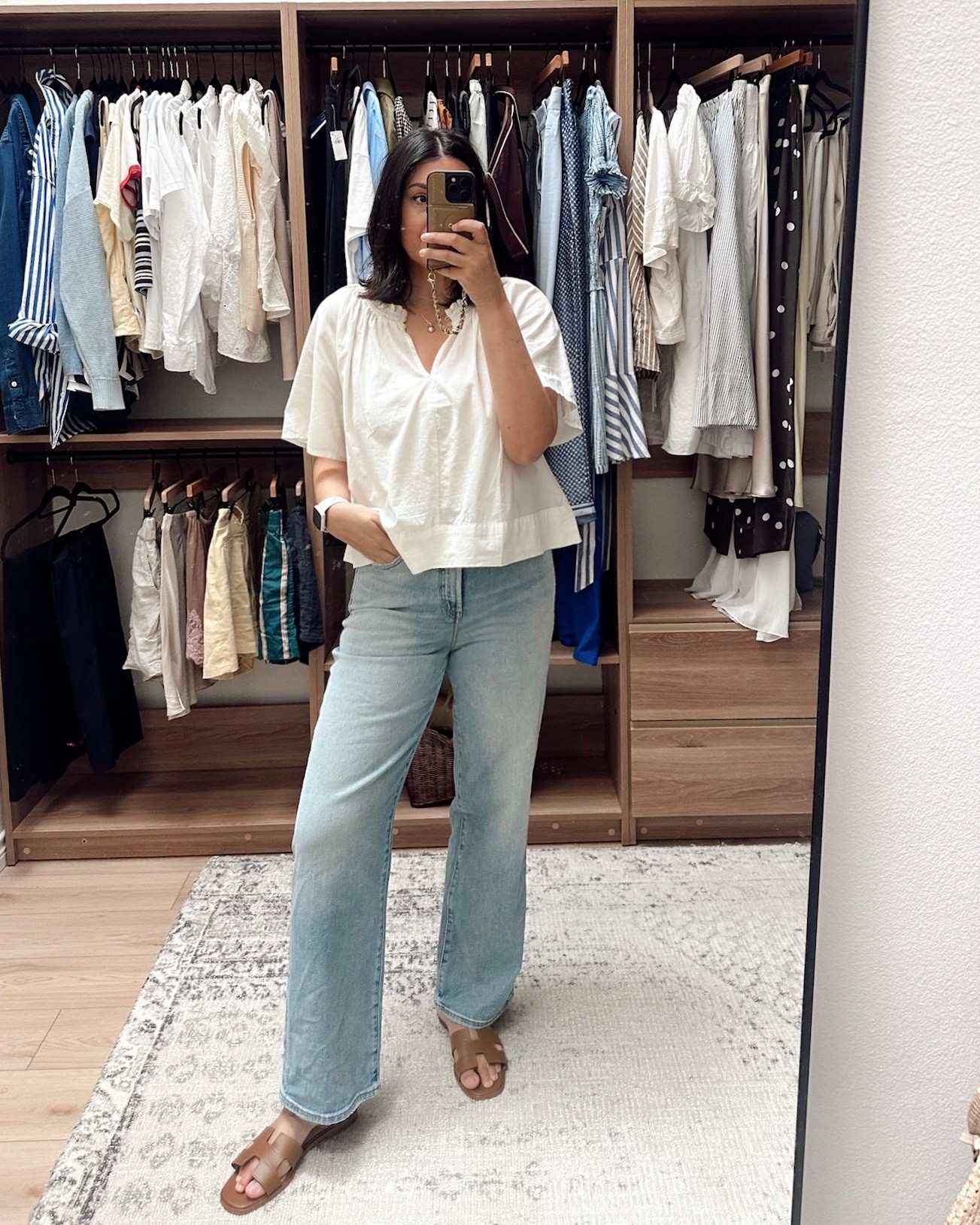 I also really like this top! It’s a loose fit, I’m in the large but it’s a boxy, airy look. The top is 100% cotton, but it is a lightweight cotton, slightly sheer but ok with nude bra. It’s a nice, neutral top for under $30! 

PS: these jeans are Madewell + are 20% off thoug the LTK app. I’m in the 30, TTS.

#LTKxMadewell