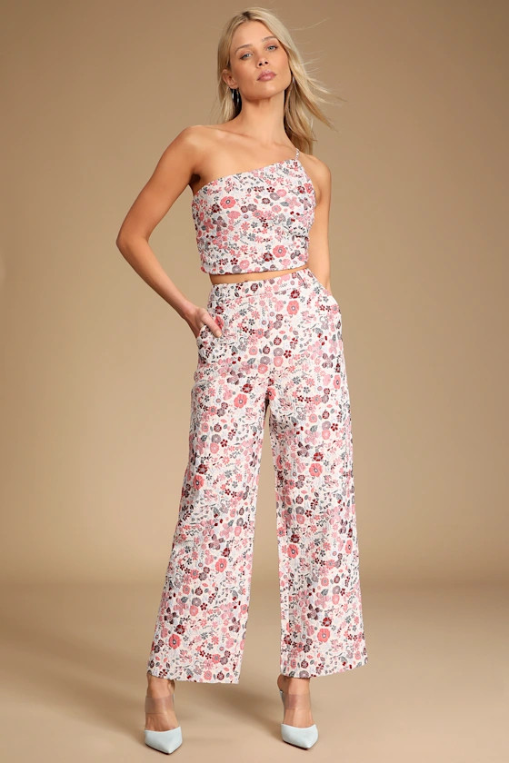 Bloom into Spring Blush Floral Jacquard Wide-Leg Pants | Lulus (US)