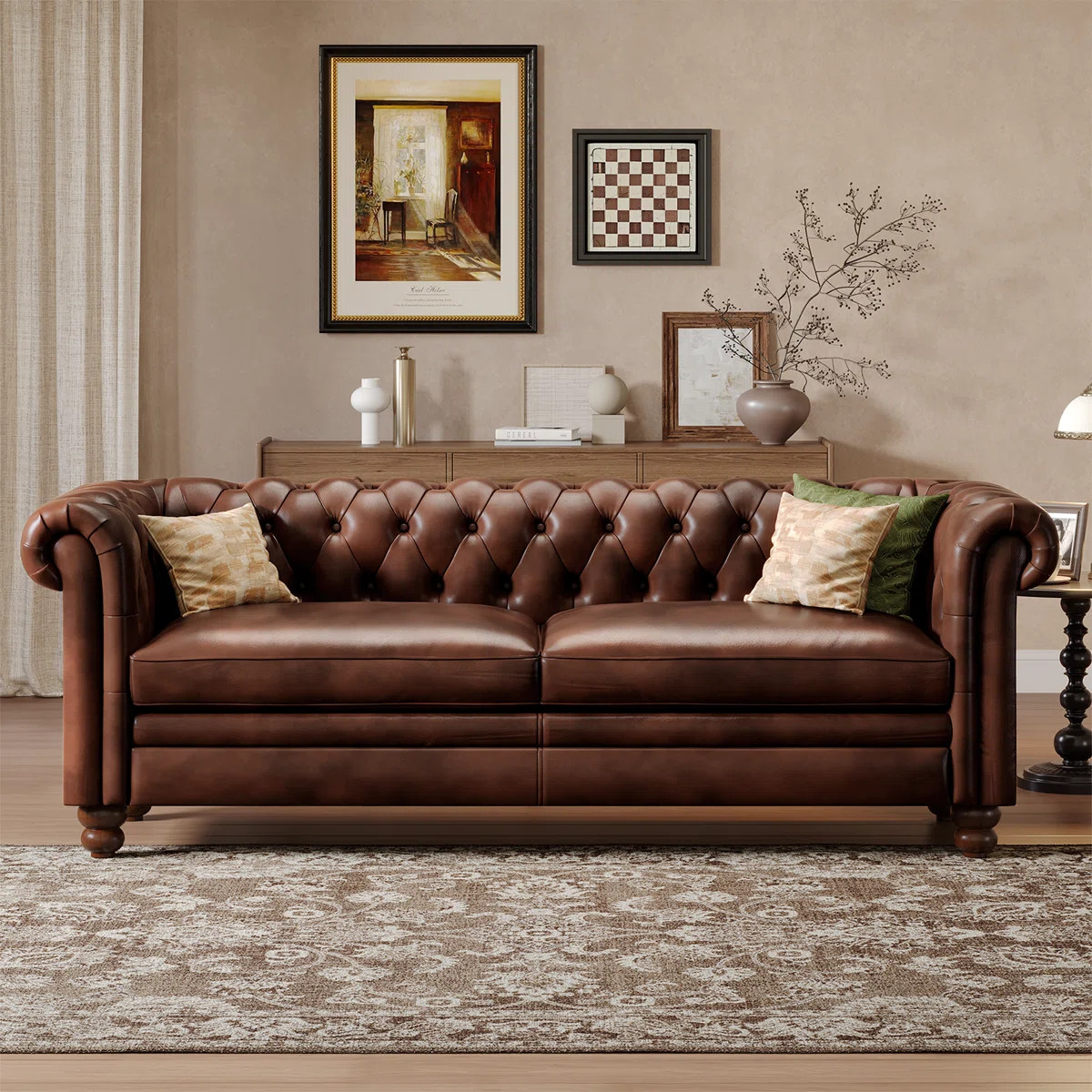 80.7" Leather Sofa, Chesterfield Sofa With Rolled Arm And Solid Wood | Wayfair North America