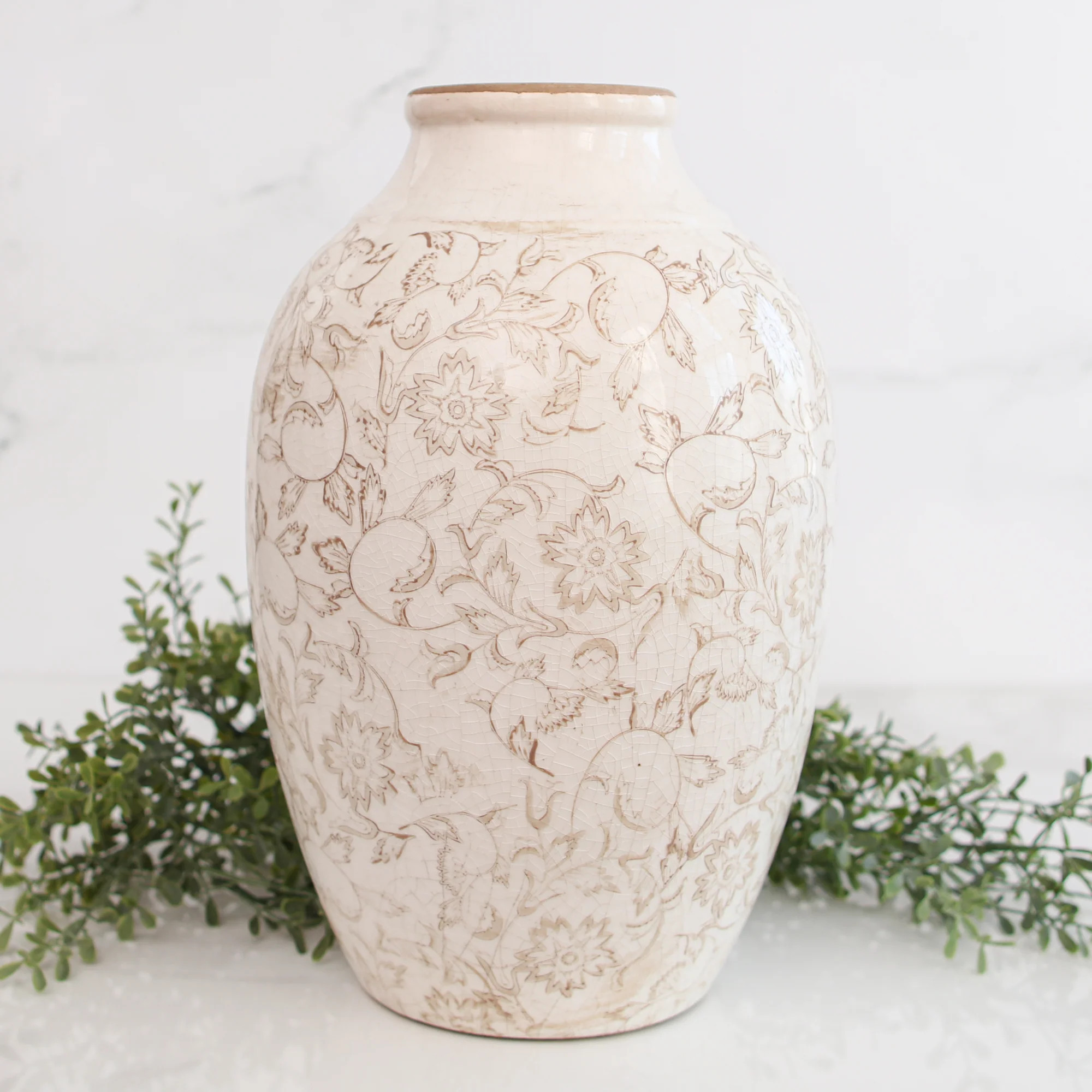 12.5" Beige Floral Heirloom Vase | Interior Delights