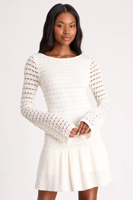 Sylvie Ivory Loose Knit Drop Waist Sweater Mini Dress | Lulus