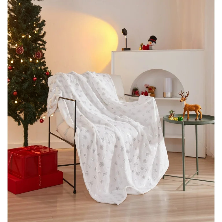 Holiday Time 50"x60" Snowflake White Plush Throw | Walmart (US)