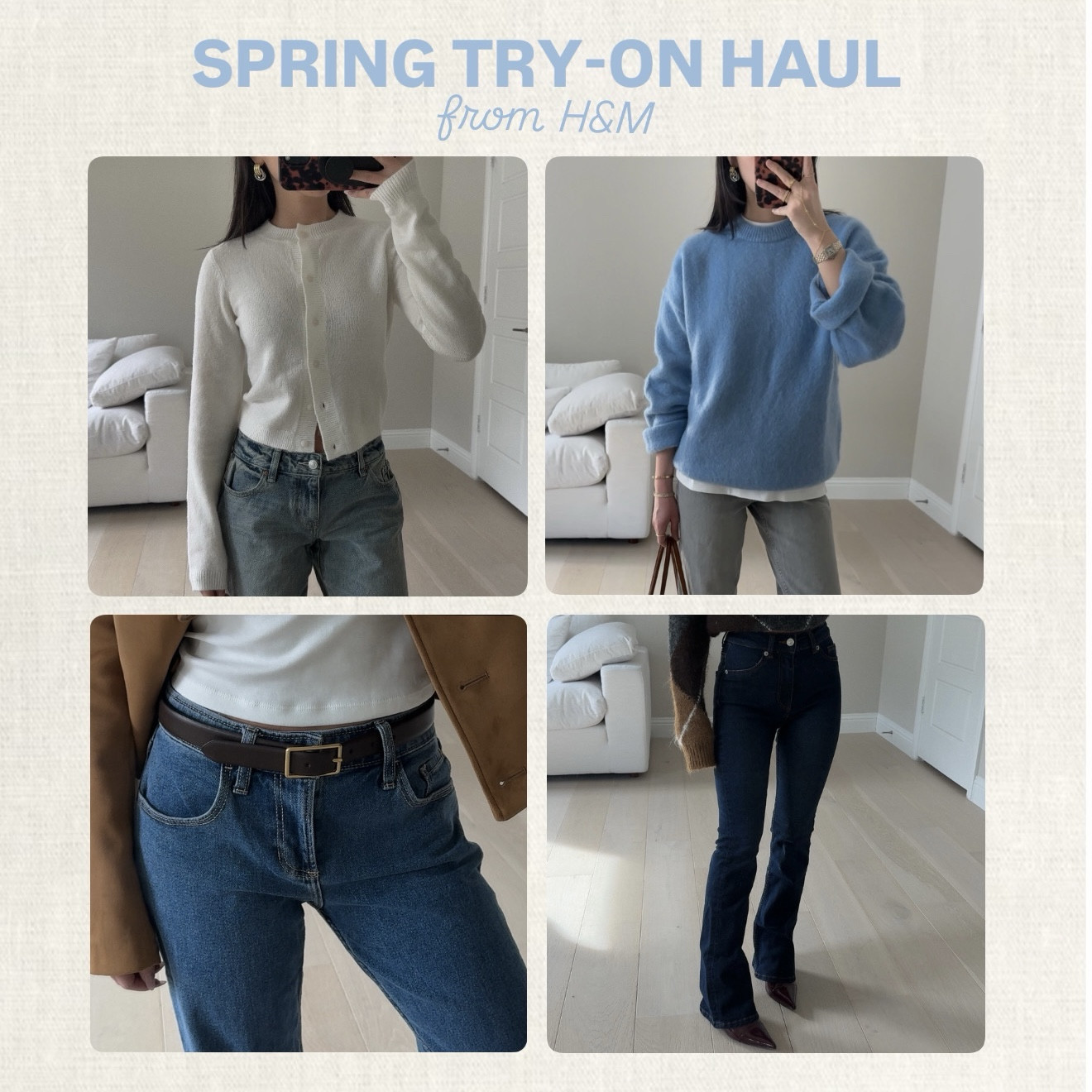 my recent order from h&m! sizing details listed below:
*cream cardigan — size XXS
*blue sweater — size XS
*belt — size XXS
*flare jeans — size US 0, length is a tad long (1-1.5 inch shorter would be better) i’m 5’2 (157 cm) for reference

#LTKSpringSale #LTKPetite #LTKFindsUnder50