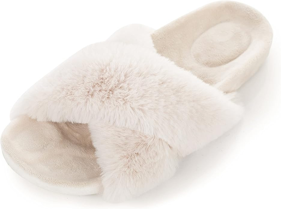 FITORY Womens Open Toe Slipper with Cozy Lining,Faux Rabbit Fur Cork Slide Sandals Size 6-11 | Amazon (US)