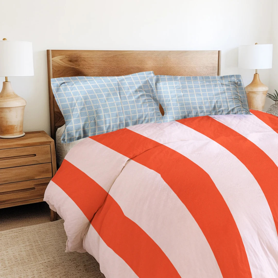 Designer Bed Set With Pink and Red Striped Duvet Cover and Light Blue Checkered Shams - Etsy | Etsy (US)