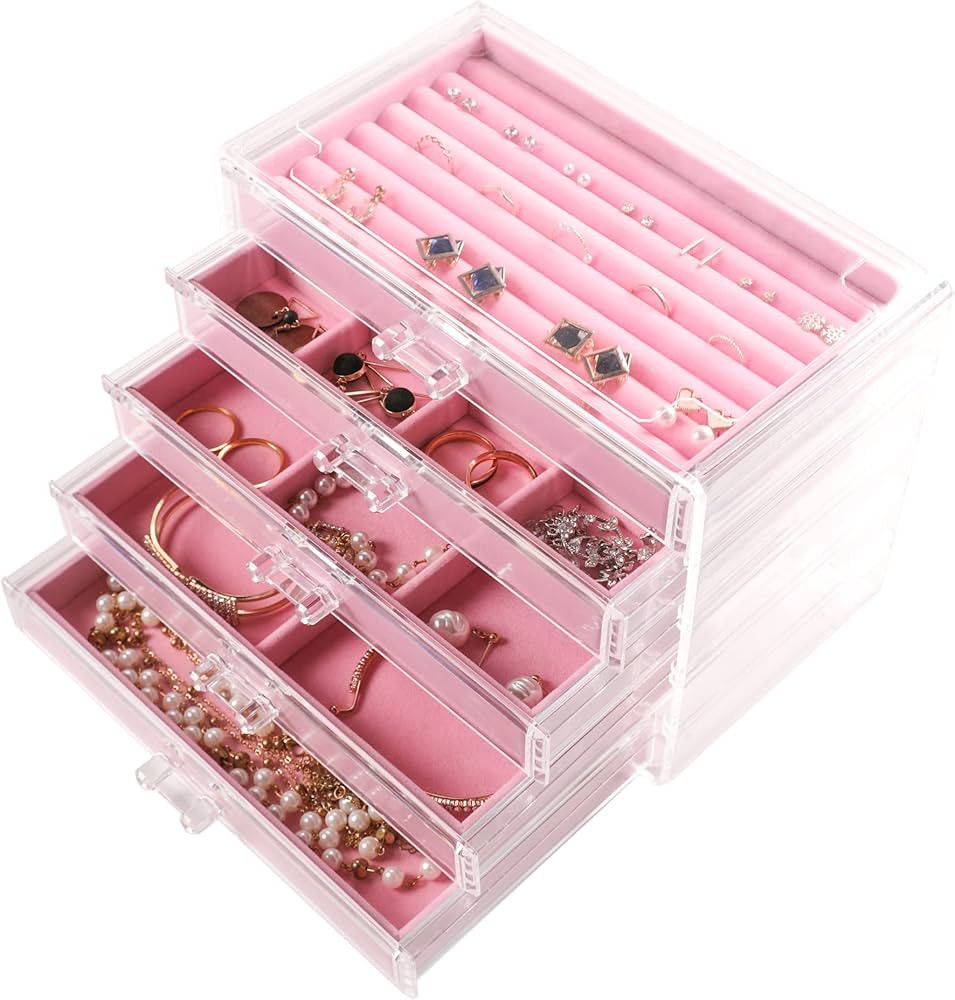 Frebeauty Extra Large Acrylic Jewelry Box for Women 5 Layers Clear Jewelry Organizer Velvet Earri... | Amazon (US)