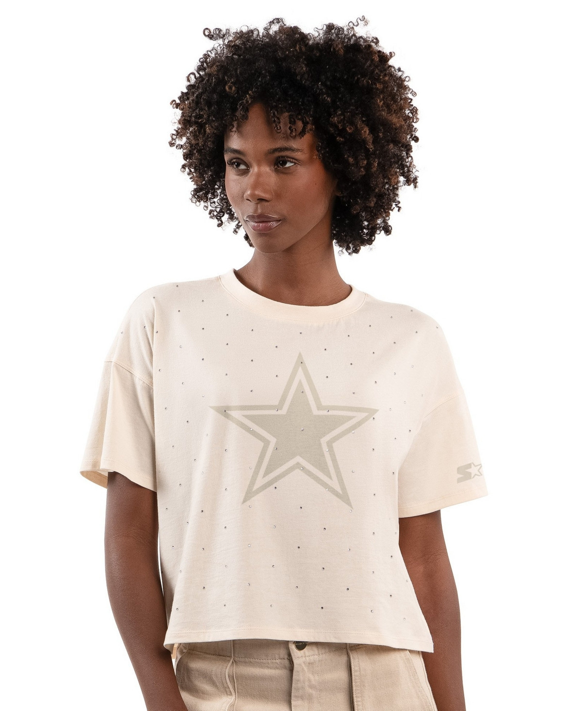 Starter Women's Cream Dallas Cowboys Rhinestone Sprinkle Boxy Cropped T-Shirt - Cream | Macy's