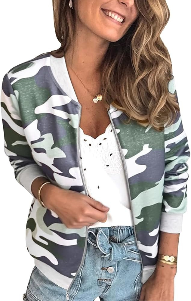ECOWISH Women's Casual Floral Zip Up Bomber Jacket Coat Lightweight Short Camo No Lining Outwear ... | Amazon (US)
