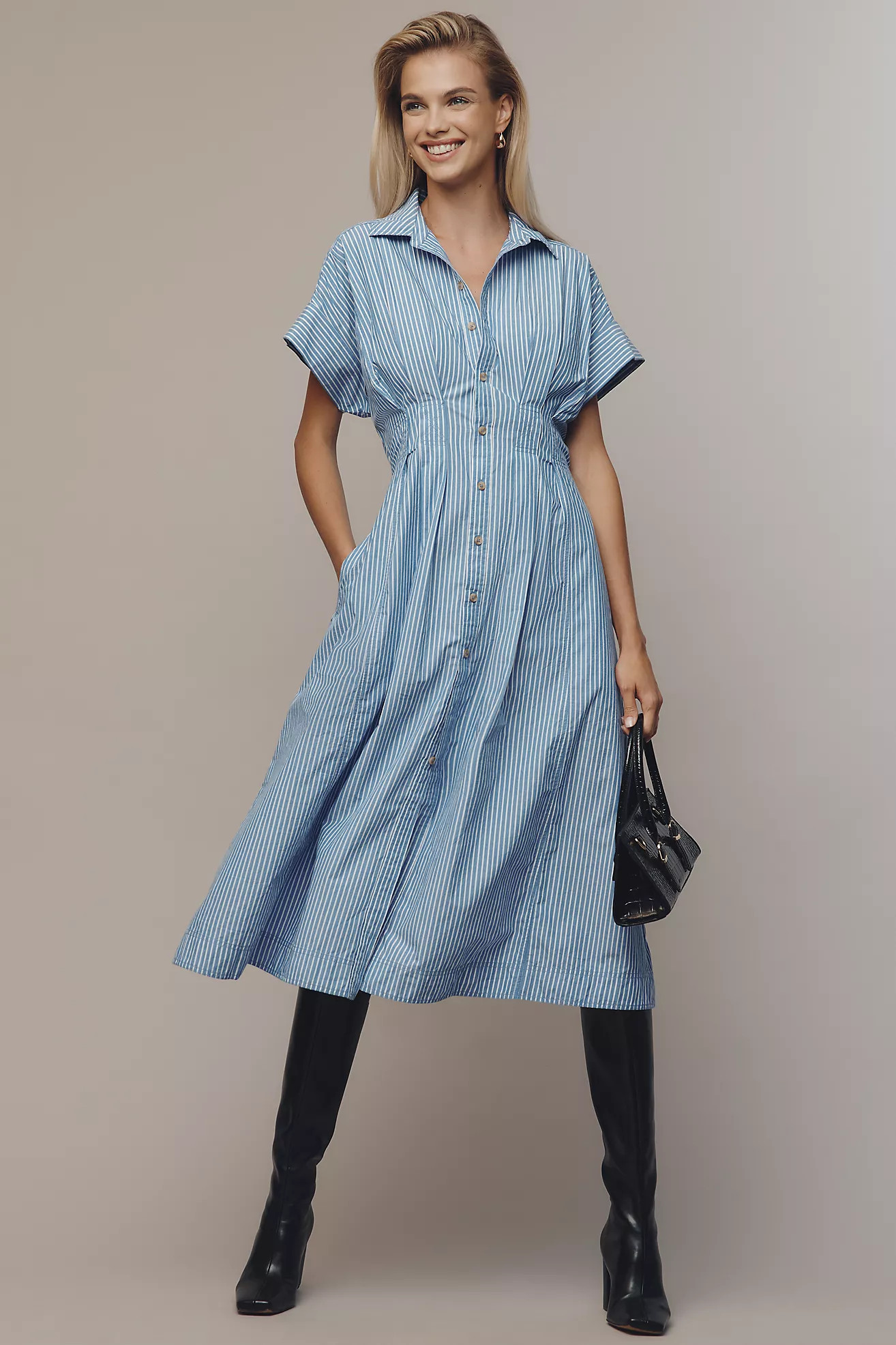 Pilcro Short-Sleeve Seamed Midi Shirt Dress | Anthropologie (US)