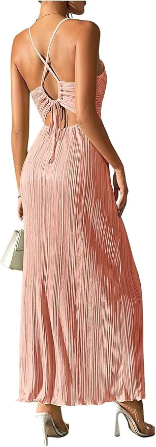 OYOANGLE Women's Summer Textured V Neck Sundress Tie Back Spaghetti Strap Pleated A Line Beach Lo... | Amazon (US)