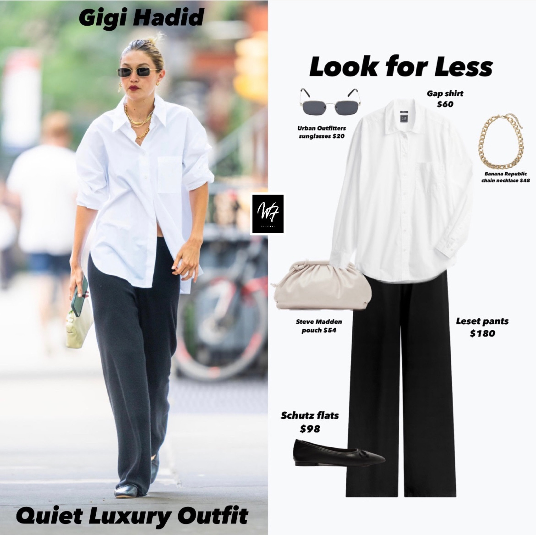 Gigi Hadid outfit with white button down shirt and black pants 

Chain necklace 

Black ballet flats 

Cream bag 

#LTKstyletip #LTKFind #LTKshoecrush
