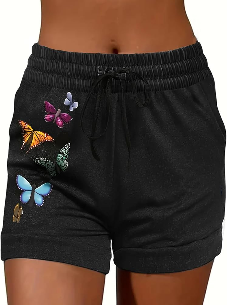 Women's Plus Size Vintage Butterfly Print Shorts with Drawstring and Pockets Casual Sports Holida... | Amazon (US)