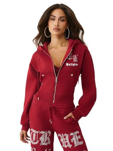 True Religion Crystal Logo Crop Zip Hoodie for Women – Cozy Fleece-Lined Cotton Blend | Rhubarb Red, Small | Amazon (US)