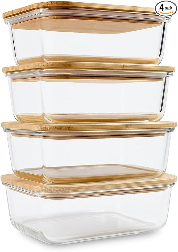 Glass Food Storage Containers with Bamboo Lids (4-Pack, 36oz) Airtight, Leakproof, BPA-Free Boros... | Amazon (US)