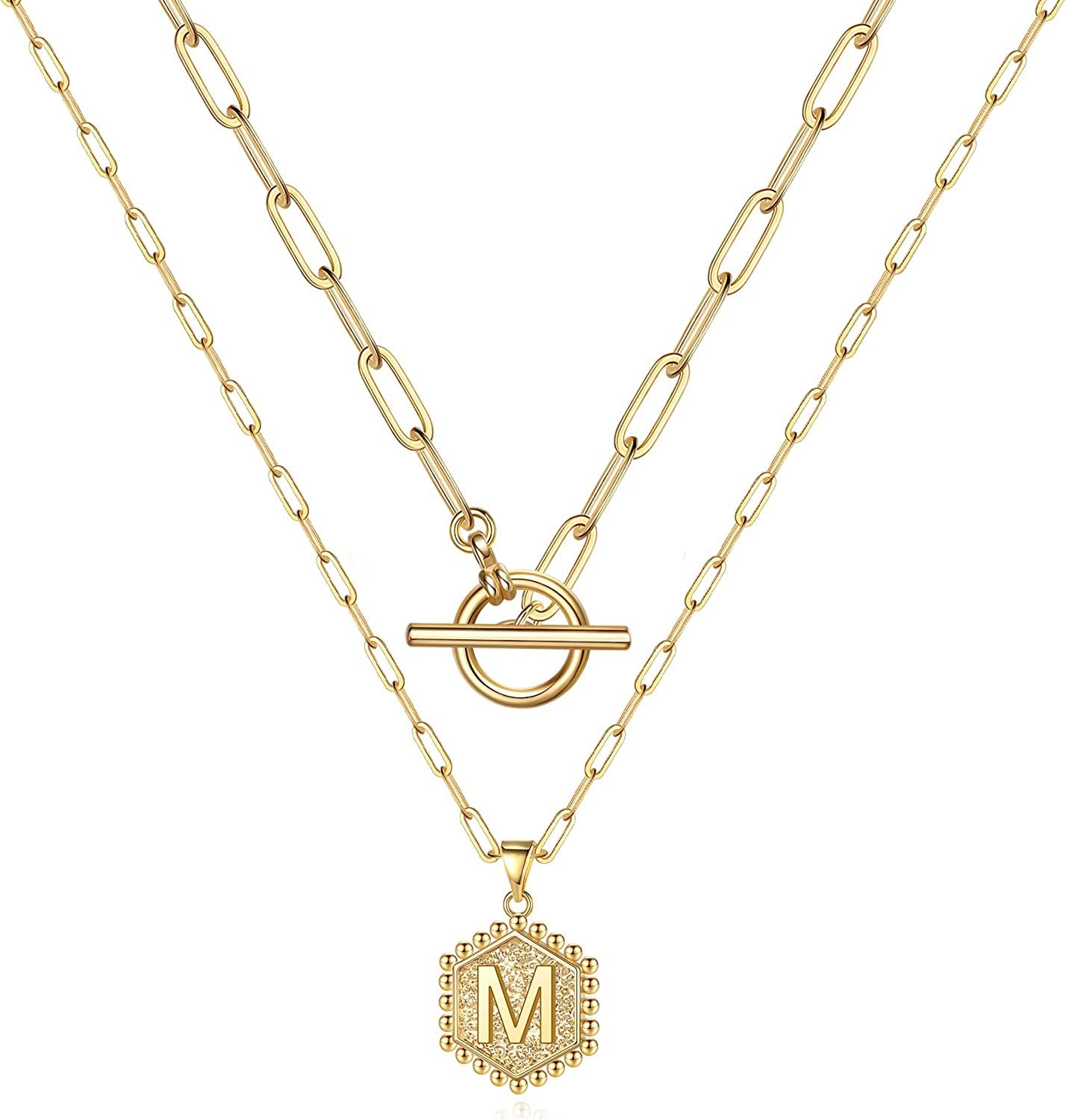 M MOOHAM Gold Initial Necklaces for Women, 14K Real Gold Plated Layered Initial Necklace Hexagon Pen | Amazon (US)