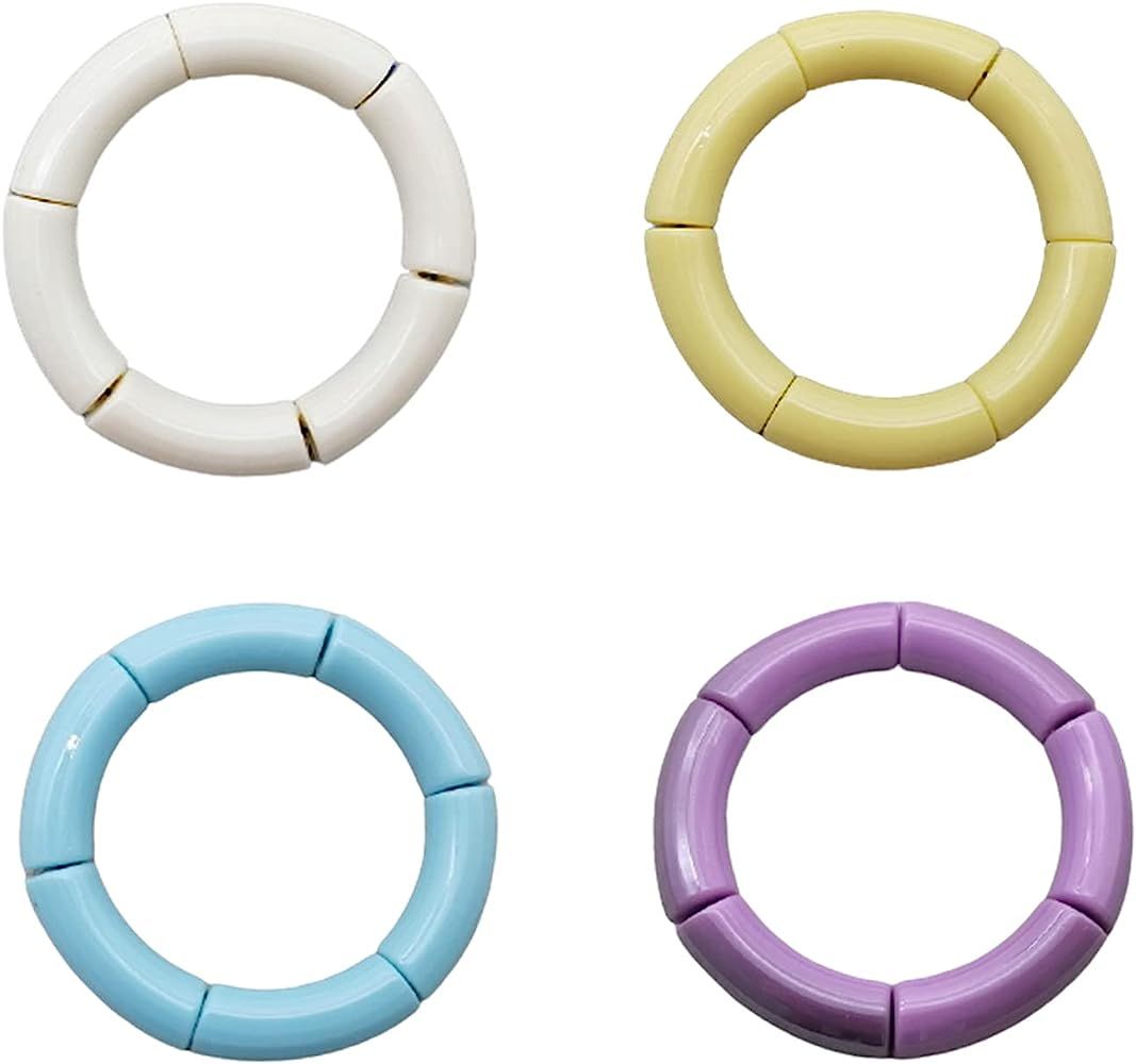 4Pcs Colorful Acrylic Chunky Curved Cuff Bracelet Acrylic Beads Elastic Bracelet Candy Color Acrylic | Amazon (US)