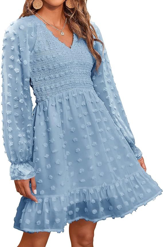 BTFBM Women V Neck Smocked Short Dress Long Sleeve Flowy Casual SwissDot Ruffle Mini Babydoll Spr... | Amazon (US)