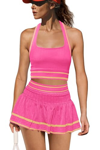 Yanekop Womens Tennis Skirt Set 2 Piece Workout Sets Golf Outfits Athletic Sets Cropped Tank Top and Skort with Shorts(Neon Pink,M) | Amazon (US)