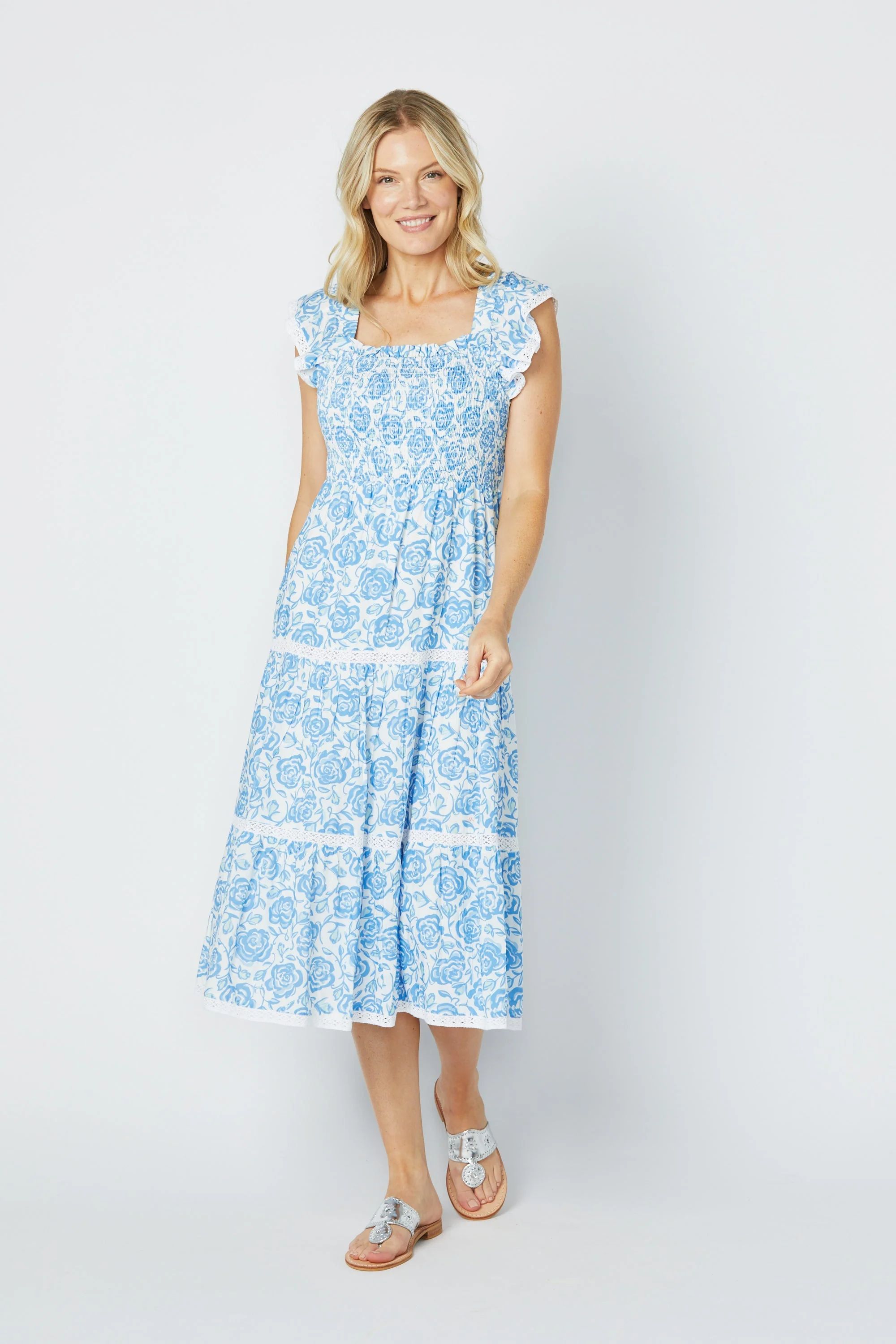 Blue Rose Print Flutter Sleeve Smocked Midi Dress | Sail to Sable