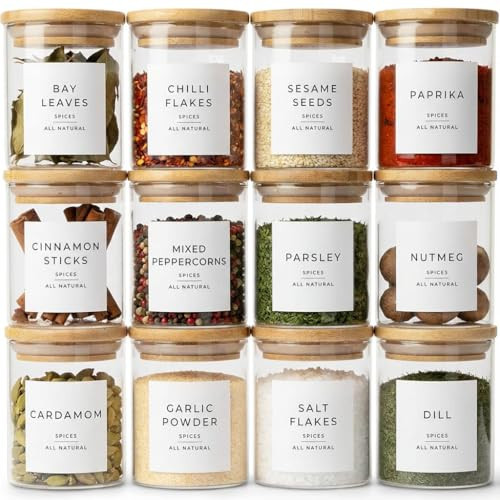 Livabl Glass Spice Jars with Labels-12 Pack- 6.8oz- 360 Labels- Spice Containers with Bamboo Lids -Spices Organization for Cabinet-Drawer-Rack-Seasoning containers-herbs- Organizer-Spices Bottles | Amazon (US)