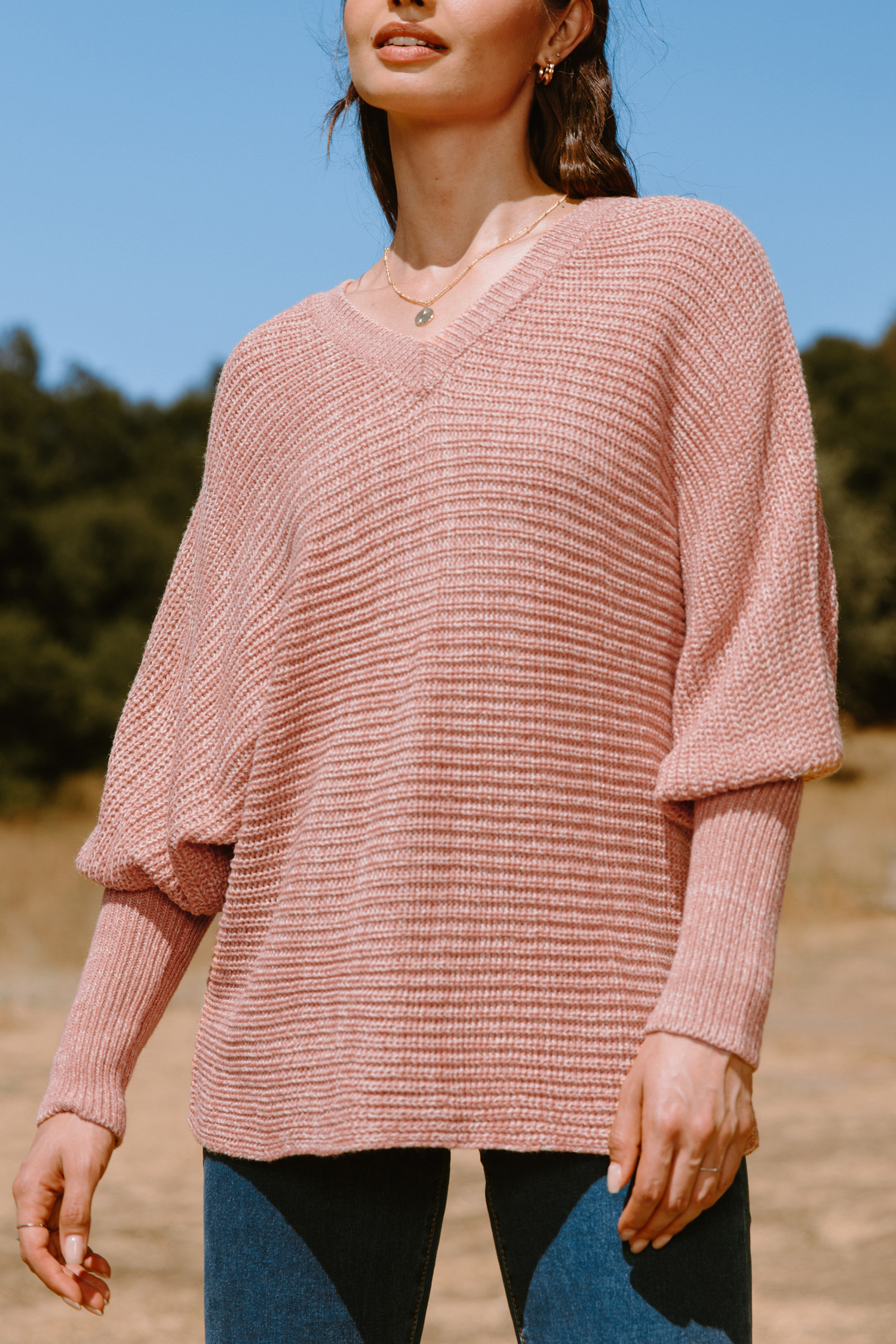Pink V-Neck Slouchy Sleeve Sweater - S | Cupshe US