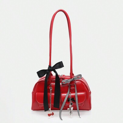 Women's Vintage Cute Bowknot Tie Cherry Decorated Shoulder Bag Crossbody Bag, Multi-Pocket Boston Bag, School, Kawaii Cherry Elements | SHEIN