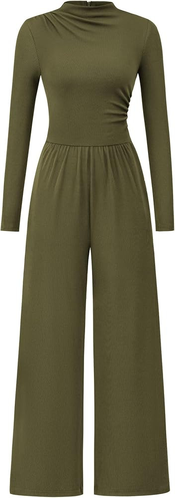 BTFBM Jumpsuits For Women Dressy Mock Neck Long Sleeve Ruched Ribbed Long Pants Rompers Casual Fa... | Amazon (US)