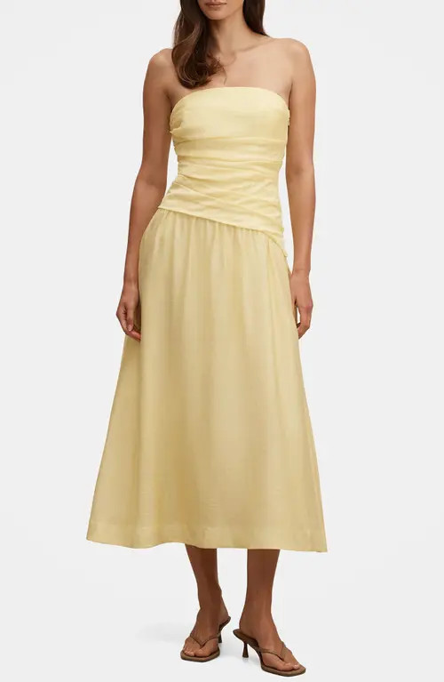Ever New Rumi Ruched Strapless Midi Dress in Yellow at Nordstrom, Size 0 | Nordstrom
