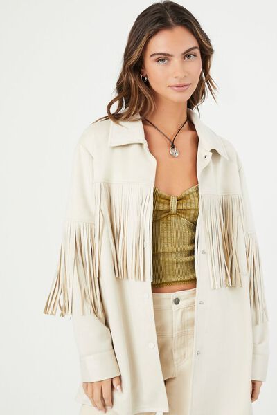 Faux Suede Fringe-Trim Shacket | Forever 21 (US)